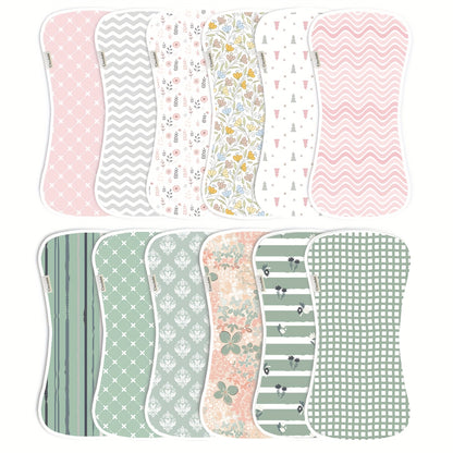Newborn Burp Cloths 6-Pack, Soft Breathable Contoured Spit-Up Cloth Set with Cartoon Prints for Baby Boys and Girls and Everyday Feeding