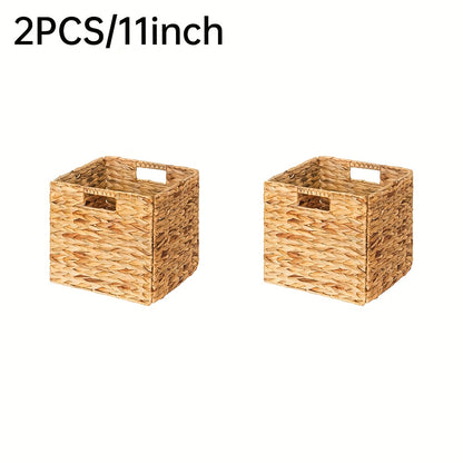 Handwoven Water Hyacinth Cube Storage Basket, Foldable 11 x 11 Inch Organizer for Shelves, Laundry and Everyday Home Clutter with Pack Options