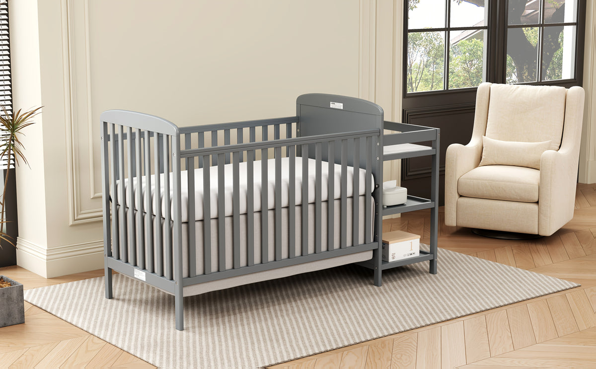 Baby Crib with Changing Table, Goldzone 4-in-1 Convertible Wooden Nursery Crib with Four Mattress Heights, Two Storage Shelves and Toddler Bed Conversion, White