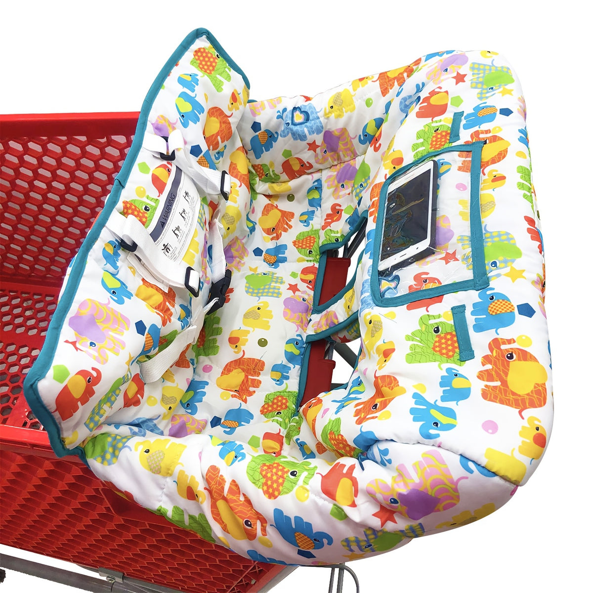 Cartoon Shopping Cart Seat Cover for Baby, Thick Padded High Chair Cushion with Front and Back Straps, Compact Carry Bag and Machine-Washable Design