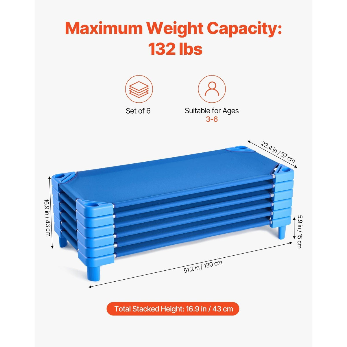Stackable Toddler Nap Cots (Pack of 4 or 6) – Portable Daycare Sleeping Beds for Kids, 52" L x 23" W Preschool Classroom Rest Cots with Sturdy Steel Frame and Breathable Oxford Fabric, Blue