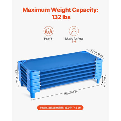 Stackable Toddler Nap Cots (Pack of 4 or 6) – Portable Daycare Sleeping Beds for Kids, 52" L x 23" W Preschool Classroom Rest Cots with Sturdy Steel Frame and Breathable Oxford Fabric, Blue