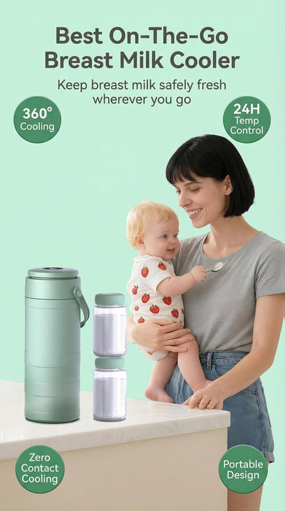 Breast Milk Cooler with 2 Storage Bottles, Portable 360° Surround Cooling Chiller with Carry Handle for Pumping Moms, Work and Travel