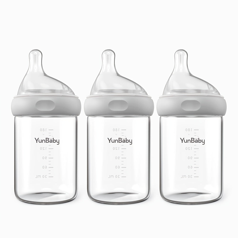 Slow Flow Glass Baby Bottles by YunBaby, 180 mL White Feeding Bottles with Listed Natural Rubber Nipples, Newborn 0+ Label and 1–6 Pack Options