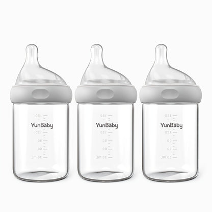 Slow Flow Glass Baby Bottles by YunBaby, 180 mL White Feeding Bottles with Listed Natural Rubber Nipples, Newborn 0+ Label and 1–6 Pack Options
