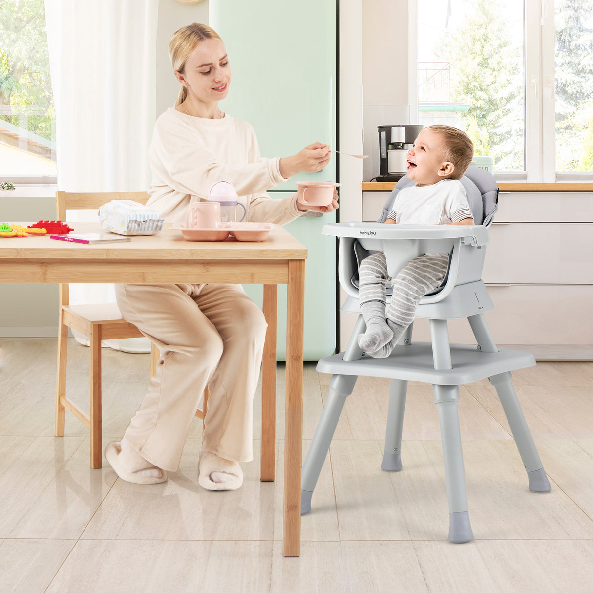 8-in-1 Baby High Chair with Activity Table, BABYJOY Convertible Feeding Seat with Removable Tray, Booster Mode and 5-Point Harness for Ages 6 Months to 6 Years