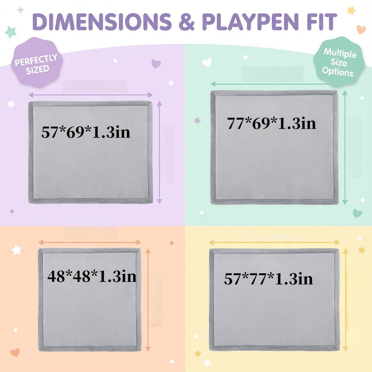 Cushioned Velvet Tummy-Time Play Mat, 1.3-Inch Non-Slip Waterproof Crawling Pad for Infants and Toddlers, Four Playpen Size Options