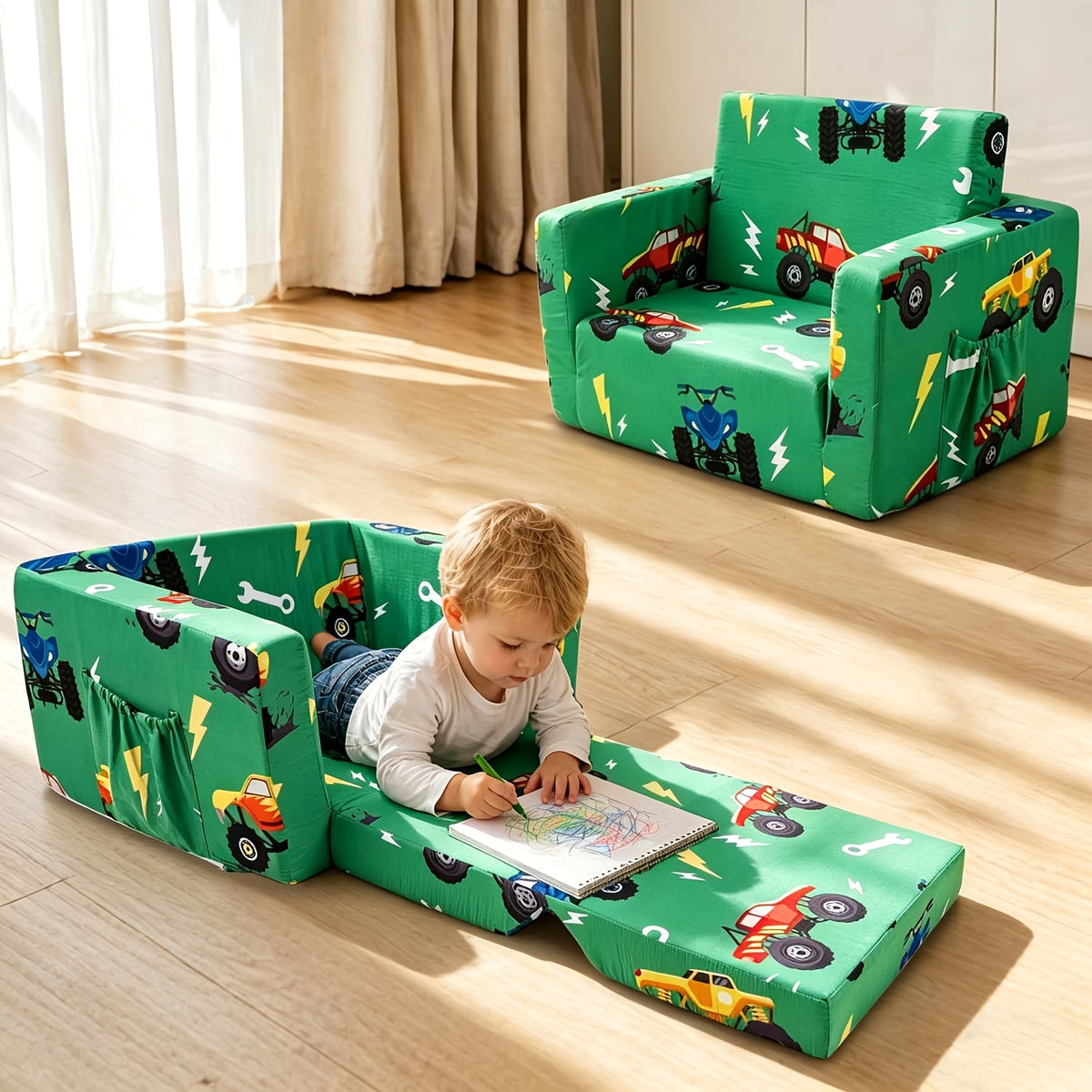 Convertible Kids Sofa Bed, 2-in-1 Fold-Out Toddler Couch and Lounge Chair with Removable Washable Cover for Reading and Playroom Relaxing