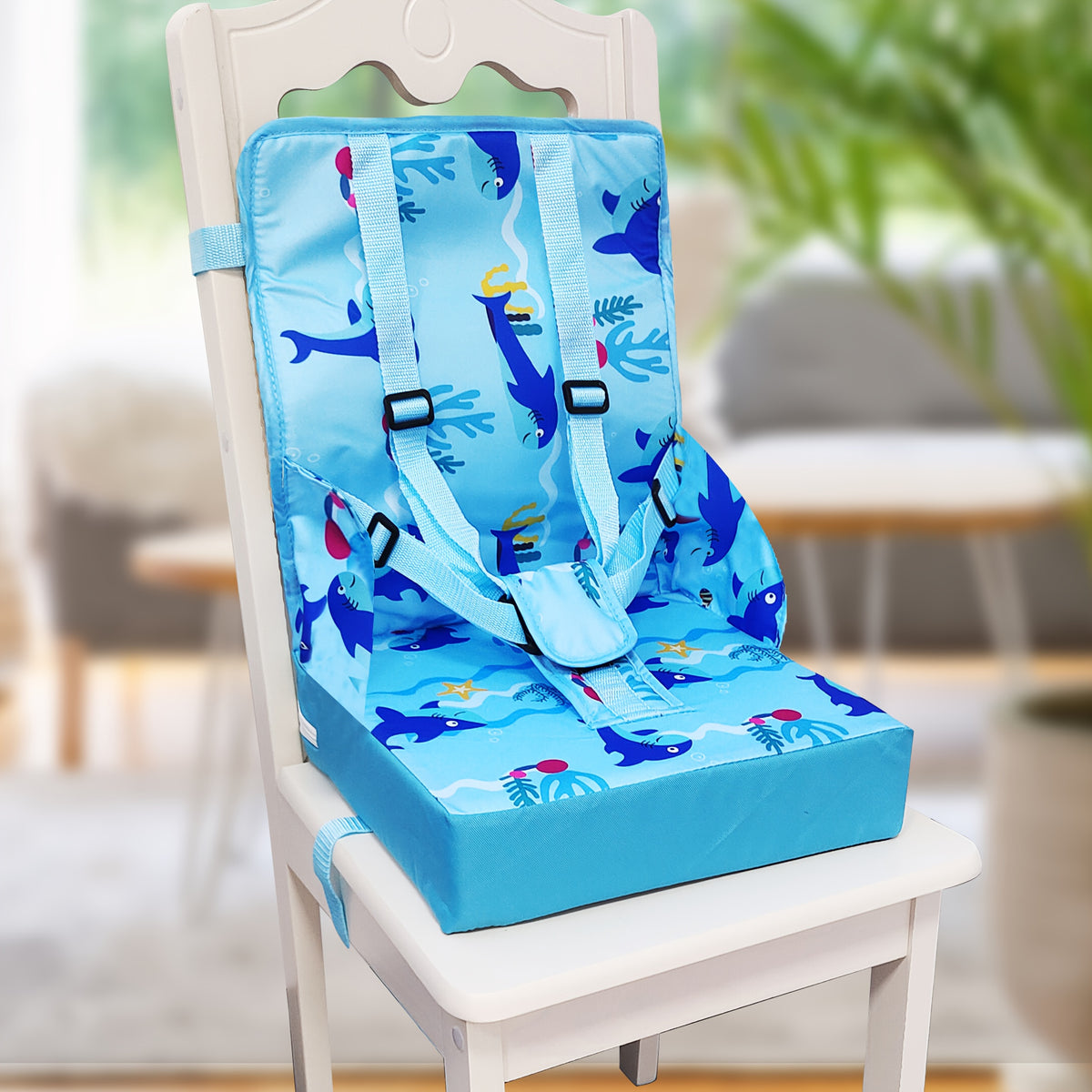 Kids Dining Chair Cushion with Backrest and Adjustable Straps, Foldable Oxford Cloth Seat Pad with Removable Washable Cover for Home and Travel