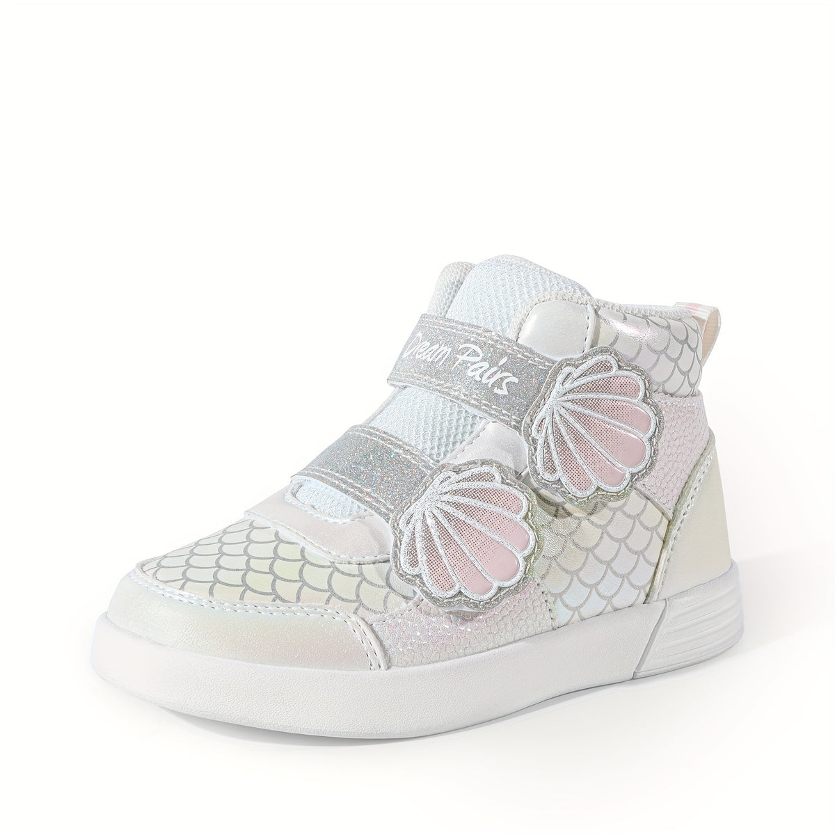 Girls Shell-Pattern High-Top Sneakers with Shiny Detail, Casual Walking Shoes for Toddlers and Little Kids in Pink, Lavender or White