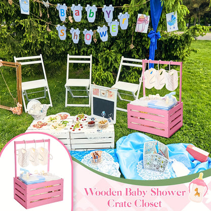 Wood Shower Storage Crate with Handle - Multi-Use Baby Shower Gift Basket & Diaper Storage Organizer, Solid Wood Keepsake Box for Onesies, Diapers and Samples, Gender Reveal Party Gift (Pink & Classic)