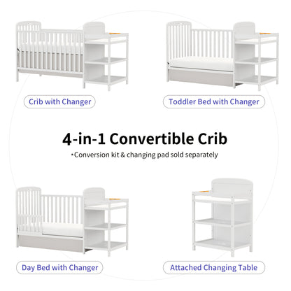 Baby Crib with Changing Table, Goldzone 4-in-1 Convertible Wooden Nursery Crib with Four Mattress Heights, Two Storage Shelves and Toddler Bed Conversion, White