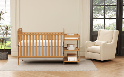 Baby Crib with Changing Table, Goldzone 4-in-1 Convertible Wooden Nursery Crib with Four Mattress Heights, Two Storage Shelves and Toddler Bed Conversion, White