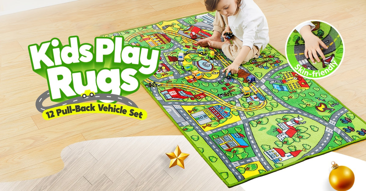 Pull-Back Car City Play Rug Set, 12 Friction-Powered Vehicles with a 58.5 × 31.5-Inch Road Map Carpet for Pretend Play, Ages 3+
