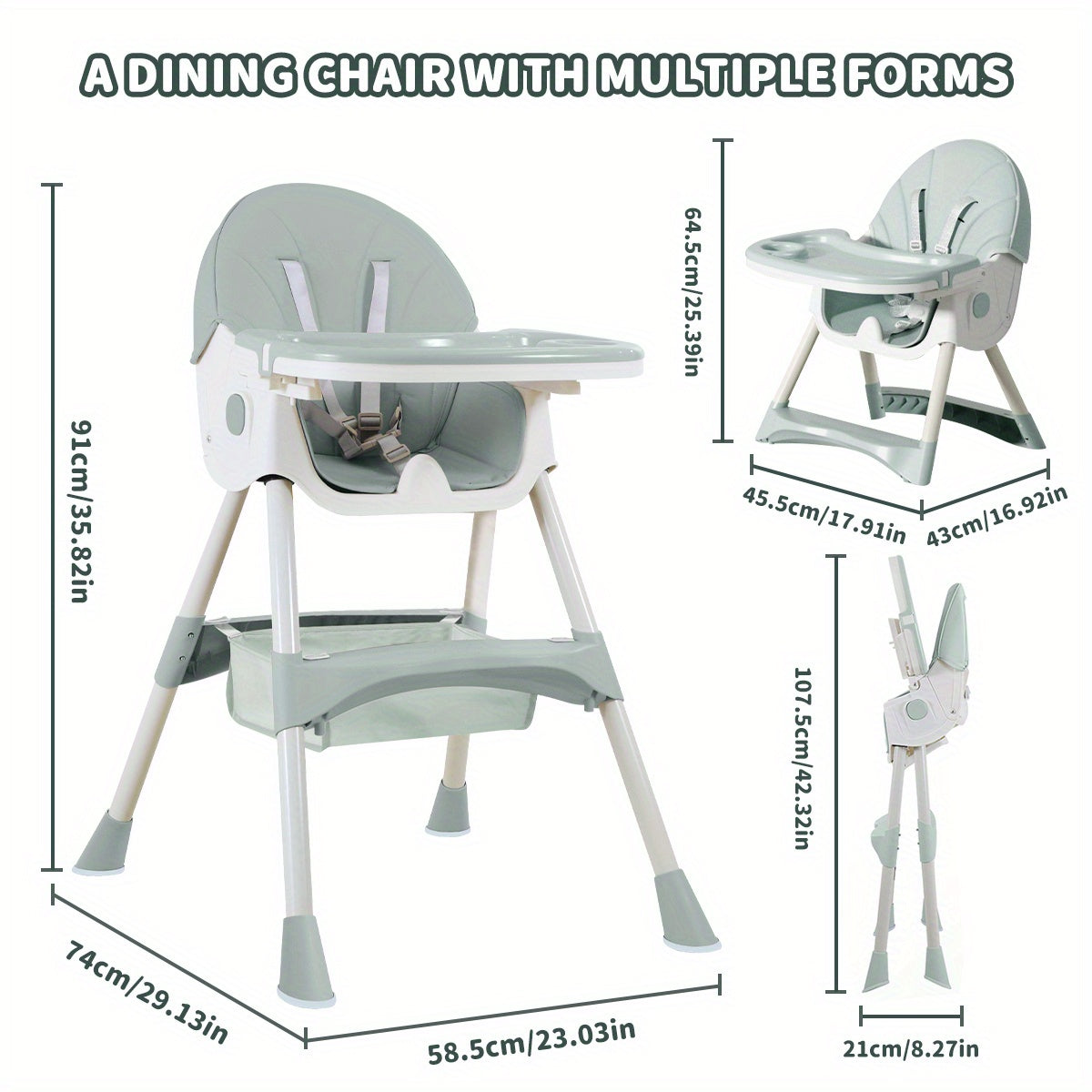Foldable Baby High Chair with Removable Tray, Portable Dining Seat for Baby Mealtimes, Space-Saving Feeding Chair in Pink, Green or Khaki