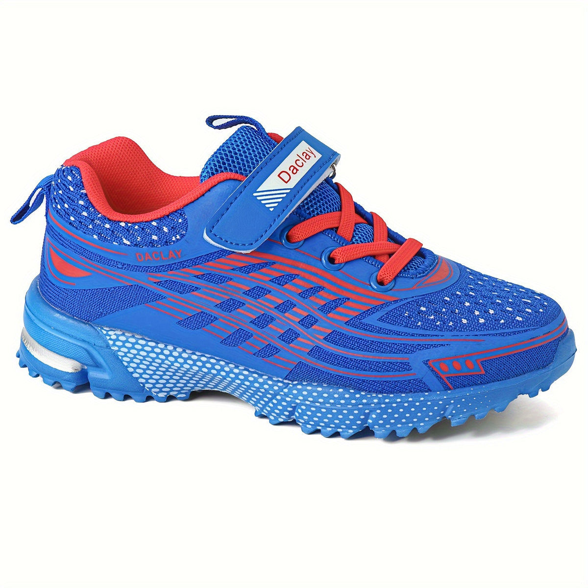 Boys Hook-and-Loop Sneakers in Blue, Breathable Low-Top Sport-Style Shoes with Geometric Pattern for Little Kid and Big Kid Casual Outings
