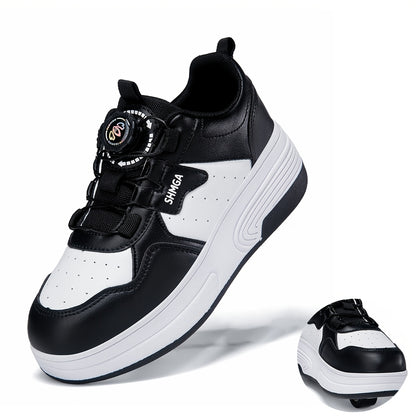 Boys Mesh Roller Sneakers with Removable Wheels, Black Low-Top Skate Shoes with TPR Insole and 2-Wheel or 4-Wheel Options for Outdoor Play