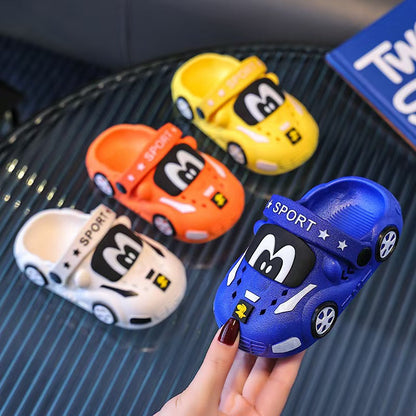 Toddler Car Sandals for Boys, Cartoon Vehicle Hole Shoes with Soft Soles in White, Yellow, Orange or Blue for Everyday Play and Casual Outings