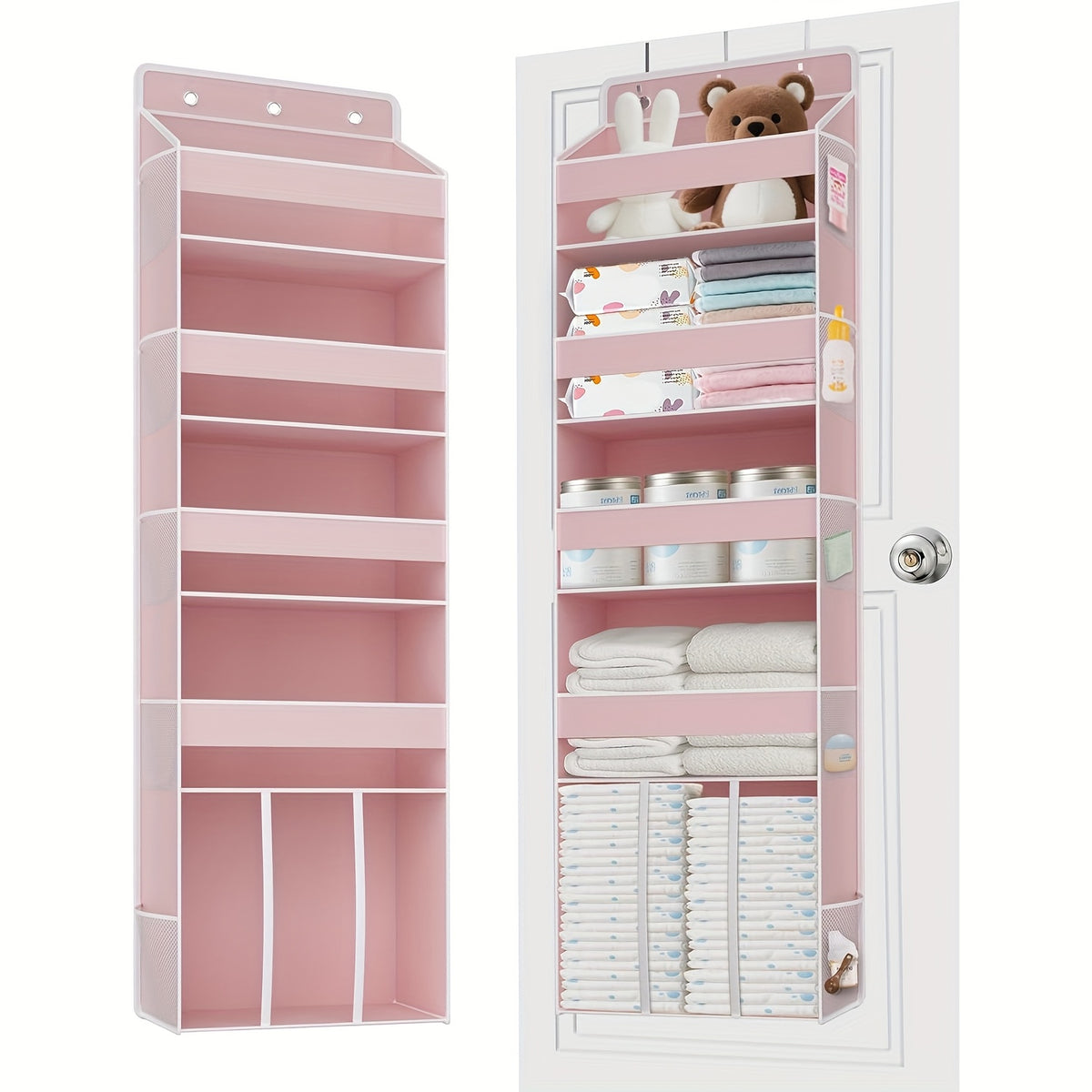 18-Pocket Hanging Door Organizer for Nursery Storage, 6-Shelf Swing-Proof Over Door Organizer, Clear Front and Side Pockets, Holds Up to 50LB, No-Drill Closet Bedroom Bathroom Storage