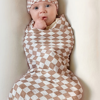 Checkered Muslin Baby Blankets, 2-Pack Ultra-Soft 40 x 40 Inch Blankets for Newborns and Toddlers, Blue & Coffee Nursery Gift Set
