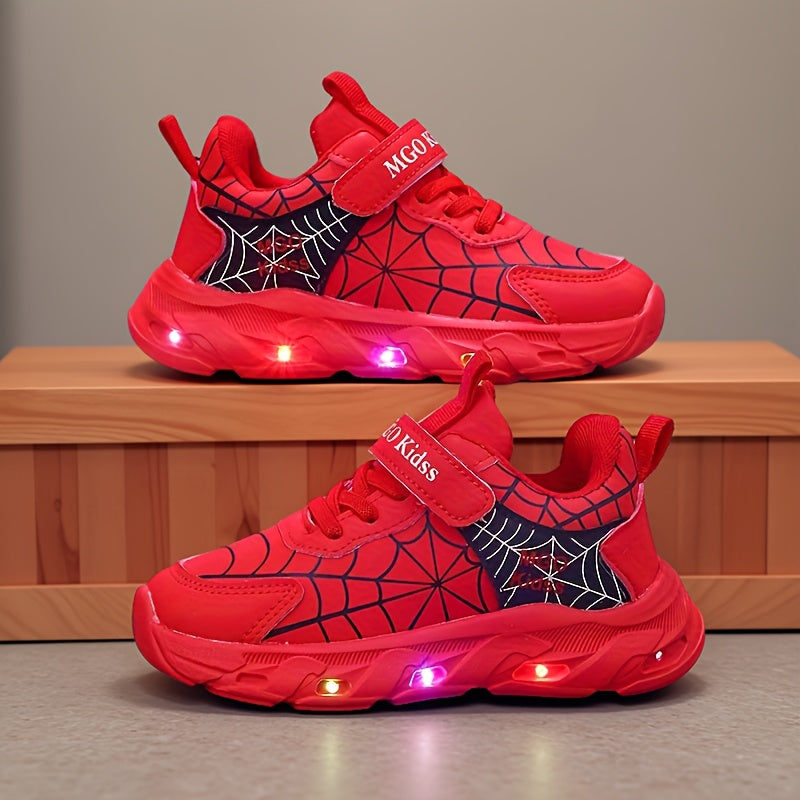 Boys LED Light-Up Mesh Sneakers with Spider-Inspired Design, Red Blue or Black Casual Running Shoes for Toddler, Little Kid and Big Kid Sizes