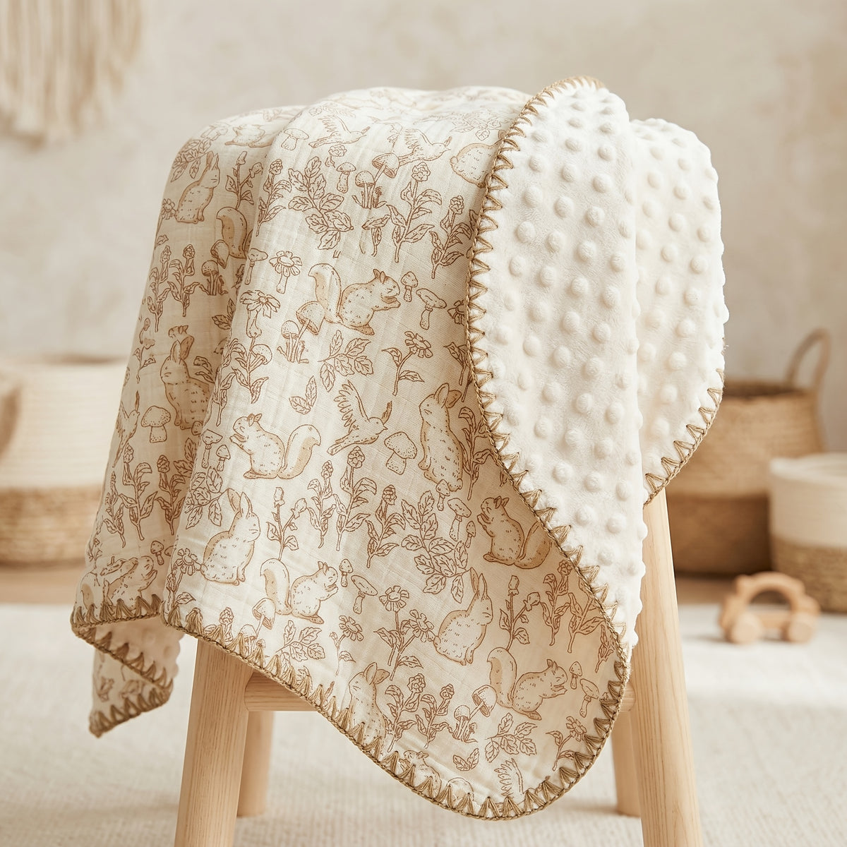 Double-Layer Baby Blanket with Cotton Gauze and Minky Dot Backing, 39.37 x 39.37 Inch Newborn Wrap in Bear, Rabbit and Dinosaur Prints
