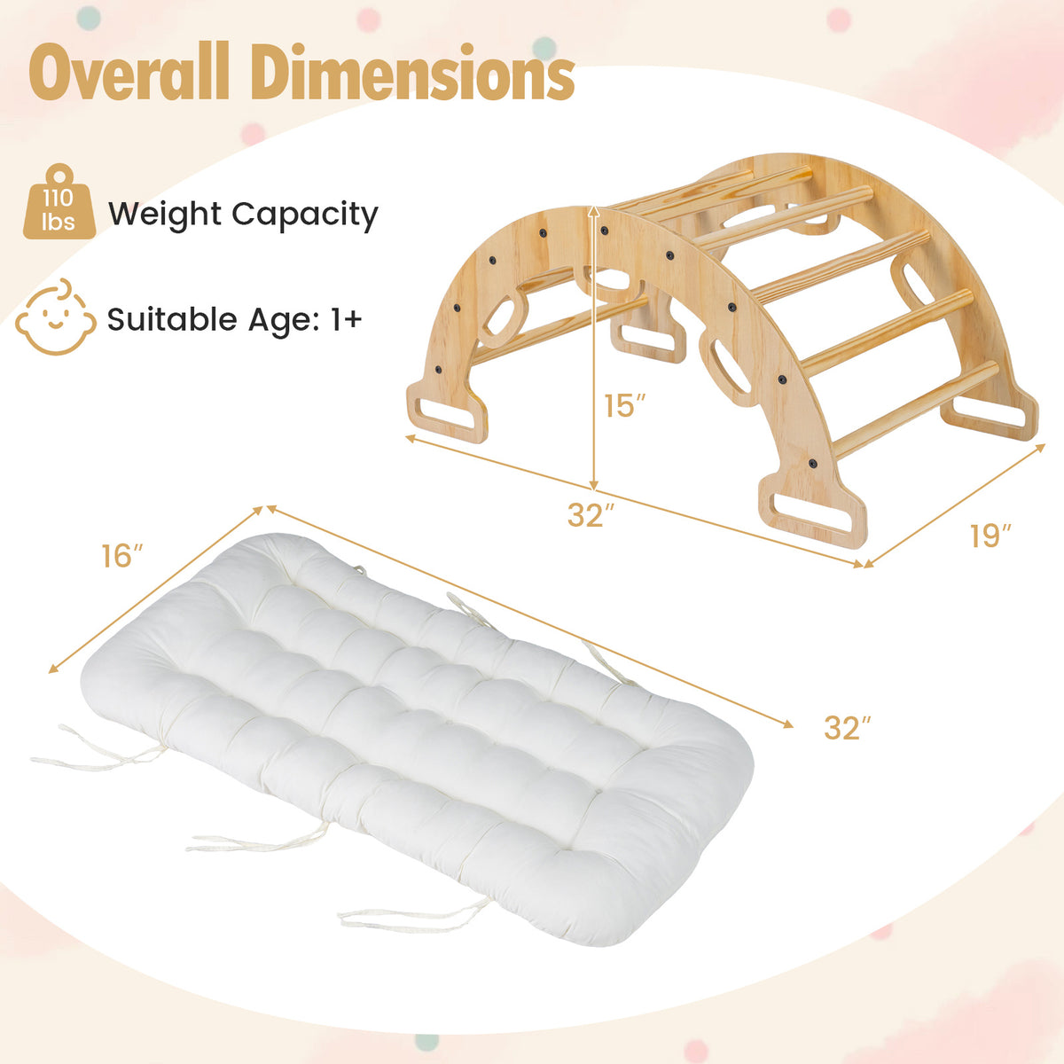 Toddler Climbing Arch and Rocker with Cushion, 3-in-1 Wooden Indoor Play Gym and Crawling Tunnel for Ages 1+, 81 cm Arch with Natural, Macaron or Multicolor Options