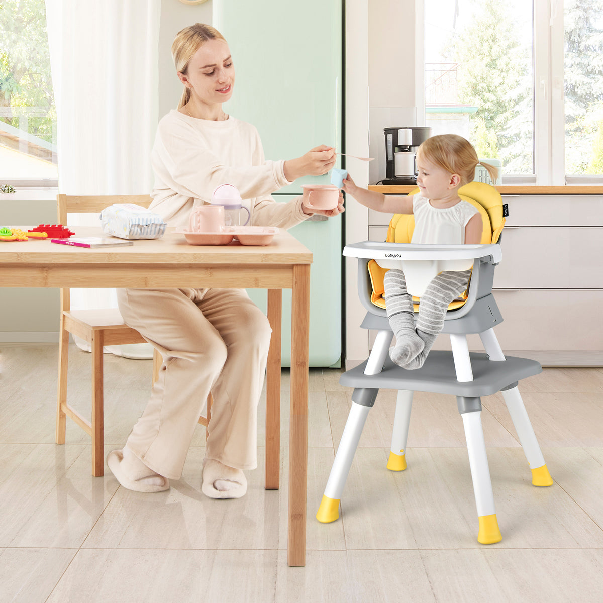 8-in-1 Baby High Chair with Activity Table, BABYJOY Convertible Feeding Seat with Removable Tray, Booster Mode and 5-Point Harness for Ages 6 Months to 6 Years