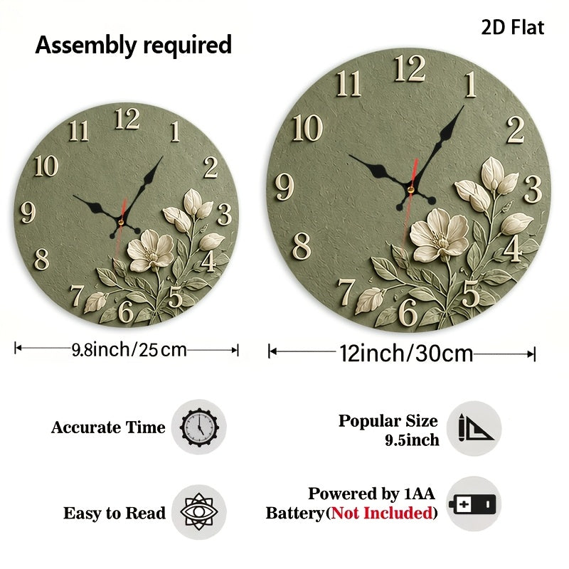 Sage Green Floral Nursery Wall Clock, Silent Non-Ticking 12-Inch Round Battery-Powered Baby Room Decor for Bedroom, Playroom or Classroom