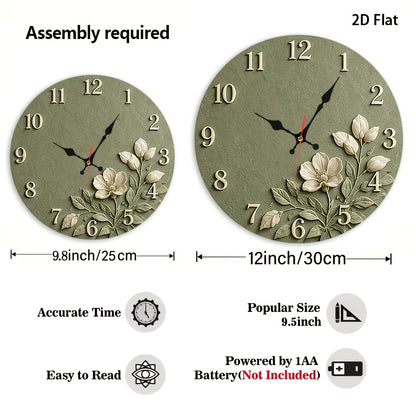 Sage Green Floral Nursery Wall Clock, Silent Non-Ticking 12-Inch Round Battery-Powered Baby Room Decor for Bedroom, Playroom or Classroom