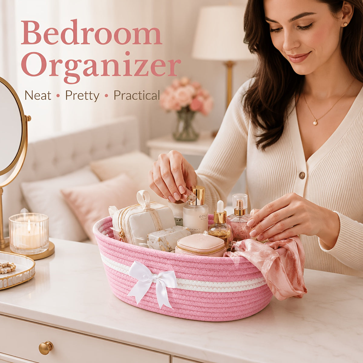Decorative Gift Baskets with Handles, Pink and White or White and Red Storage Basket Set for Nursery Shelves, Living Room Display and Gifts