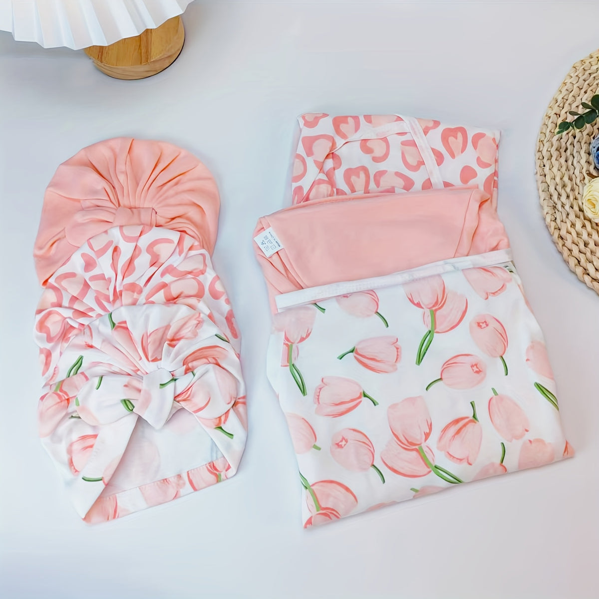 Newborn Blanket and Hat Set for 0 to 3 Months, Coordinated Baby Wrap and Cap in Multiple Color and Print Styles for Coming-Home Photos and Gifting