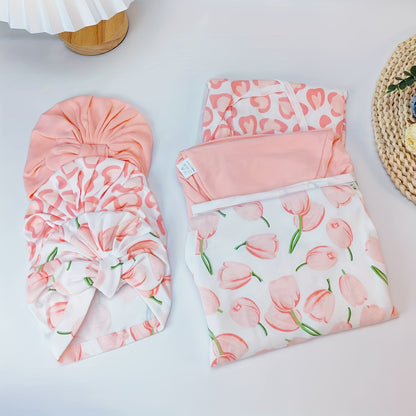Newborn Blanket and Hat Set for 0 to 3 Months, Coordinated Baby Wrap and Cap in Multiple Color and Print Styles for Coming-Home Photos and Gifting