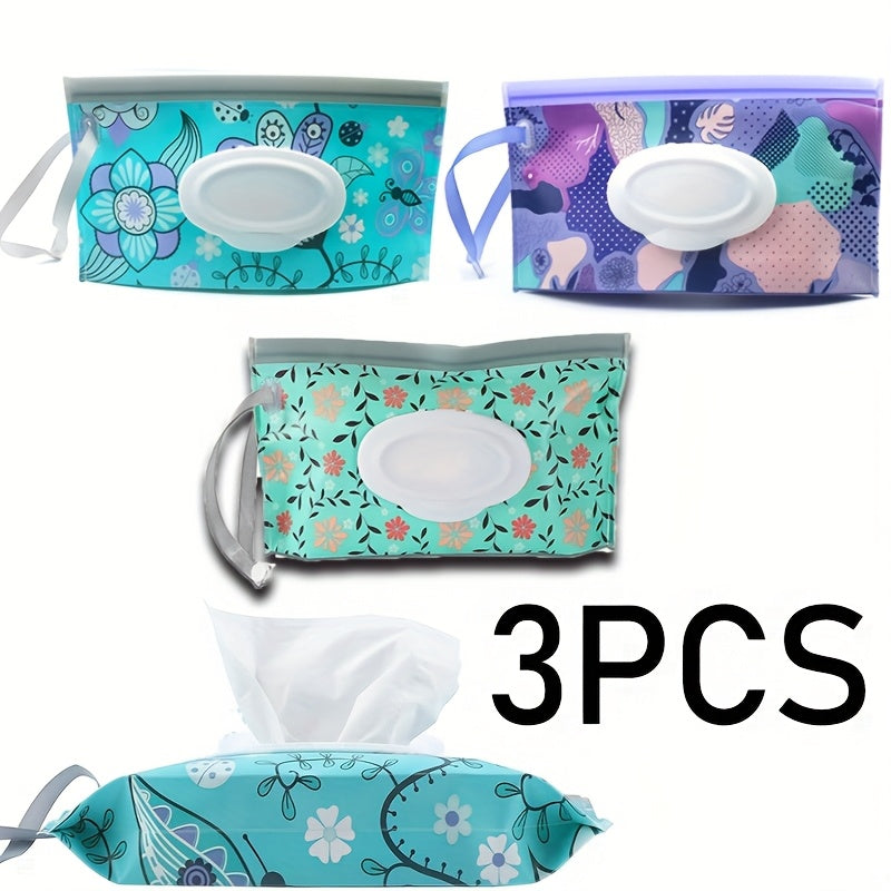 Refillable Baby Wipes Pouch 3-Pack, Reusable Portable Wet Wipe Dispenser Holders for Diaper Bag and On-the-Go Changes in Floral Colors