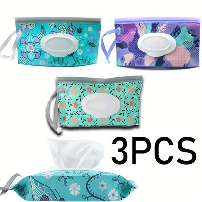 Refillable Baby Wipes Pouch 3-Pack, Reusable Portable Wet Wipe Dispenser Holders for Diaper Bag and On-the-Go Changes in Floral Colors