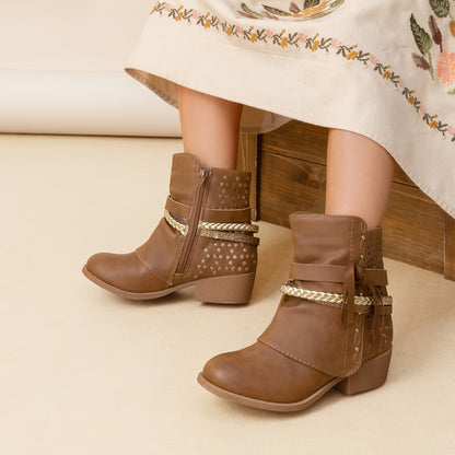 Plaid Side-Zip Ankle Boots for Girls - Stylish Low Heel Boots with Warm Lining, Non-Slip Outsole, Easy On and Off for Little Kid & Big Kid, Perfect for Fall and Winter