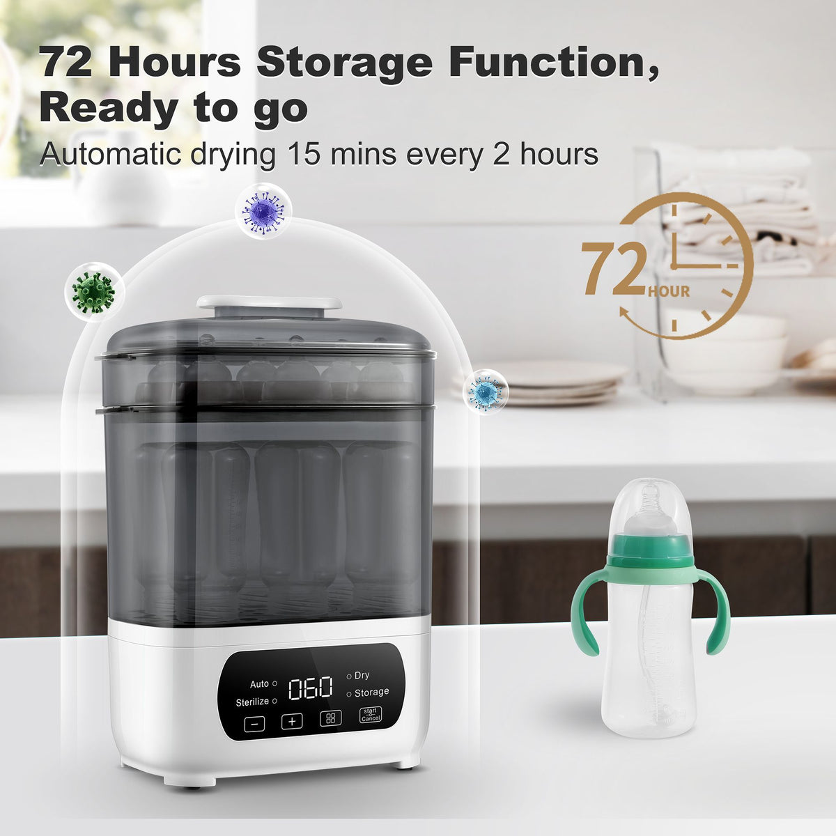 Baby Bottle Steam Dryer 4-in-1, Countertop Bottle Care Station with LED Touch Screen, Storage Mode and Auto Shut-Off in Gray for Daily Feeding