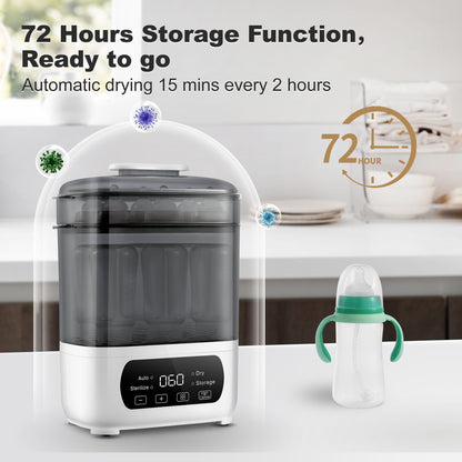 Baby Bottle Steam Dryer 4-in-1, Countertop Bottle Care Station with LED Touch Screen, Storage Mode and Auto Shut-Off in Gray for Daily Feeding