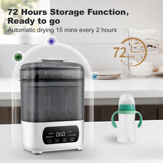 Baby Bottle Steam Dryer 4-in-1, Countertop Bottle Care Station with LED Touch Screen, Storage Mode and Auto Shut-Off in Gray for Daily Feeding