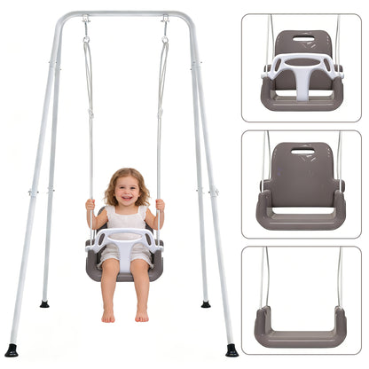 Foldable 3-in-1 Child Swing Set with Metal Stand, Detachable Seat for Ages 6 Months to 10 Years, Indoor or Outdoor Use and Compact Storage