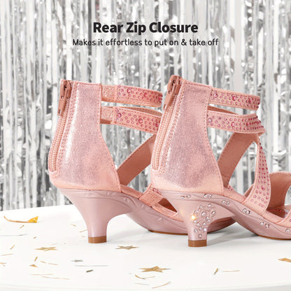 Girls Rhinestone Low Heel Sandals with Strappy Open Toe Design | Dress Shoes for Toddlers and Kids, Parties and Special Occasions