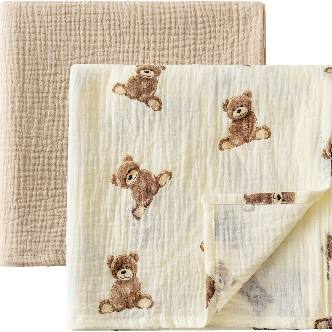 Teddy Bear Muslin Swaddle Blankets 2-Pack, 40 x 40 Inch Neutral Baby Receiving Blankets for Newborn Boys and Girls, Boho Nursery Gift Set
