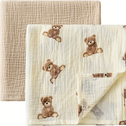 Teddy Bear Muslin Swaddle Blankets 2-Pack, 40 x 40 Inch Neutral Baby Receiving Blankets for Newborn Boys and Girls, Boho Nursery Gift Set