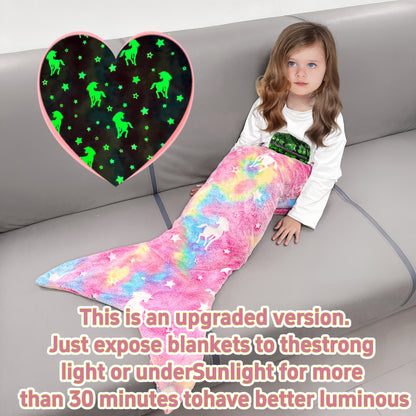 Mermaid Tail Blanket for Girls, Soft Polyester Knit Fish Tail Throw with Colorful Tie-Dye Unicorn-Inspired Design for Cozy Reading and Gift Giving