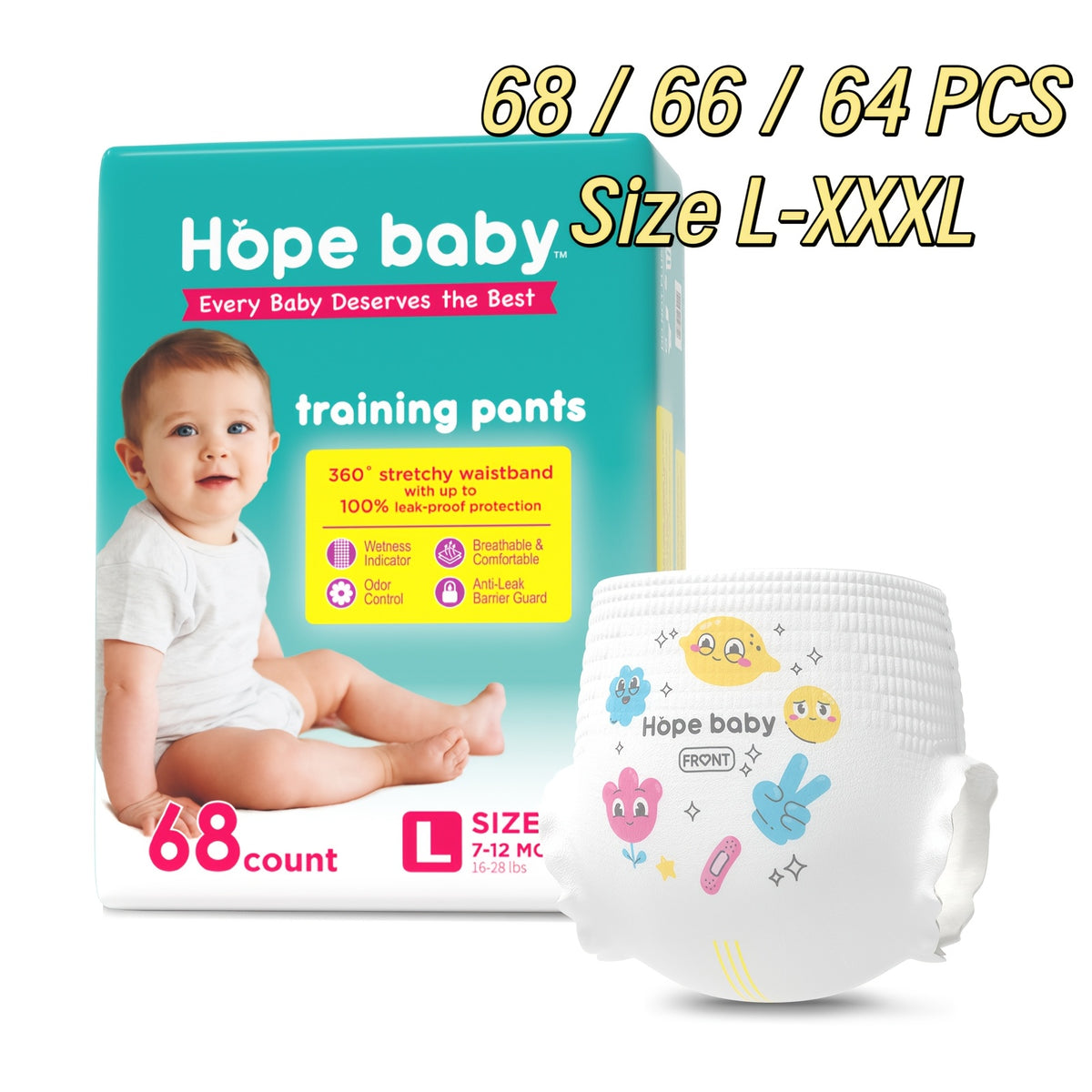 HOPE BABY Pull Ups Potty Training Pants, Premium Training Underwear 64-68 Count – Hypoallergenic Toddler Diapers for Sensitive Skin, Sizes L to XXXL, Comfortable Everyday Potty Training