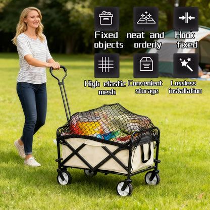 Wagon Cargo Net with 4 Hooks, Black Elastic Mesh Storage Cover for Outdoor Camping Carts, Garden Wagons and Family Outing Gear