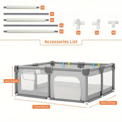 Baby Playpen Fence with Soft Breathable Mesh, Indoor Outdoor Kids Activity Enclosure in Gray or Beige with Size and Mat Bundle Options