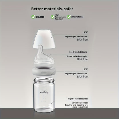 Slow Flow Glass Baby Bottles by YunBaby, 180 mL White Feeding Bottles with Listed Natural Rubber Nipples, Newborn 0+ Label and 1–6 Pack Options