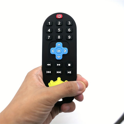 Remote Control Baby Teether in Silicone with Crown Design and Raised Button Textures, Black, Blue or Pink Teething Gift for Babies