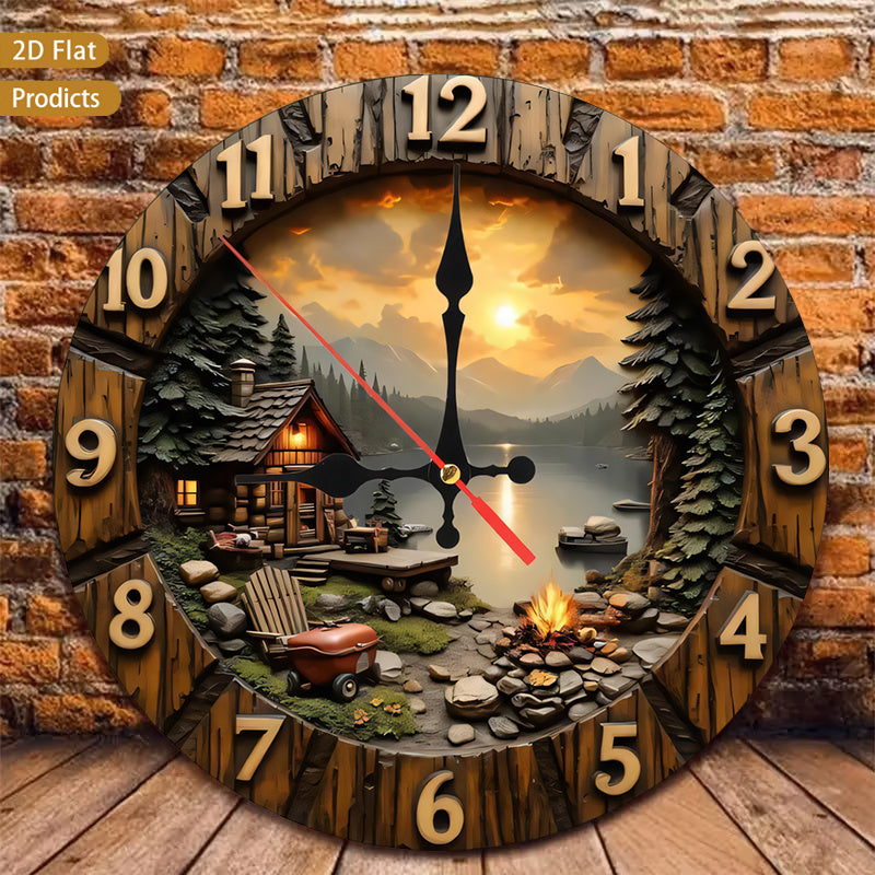 Mountain Cabin Campfire Nursery Wall Clock, Silent Non-Ticking Battery-Powered Decor for Baby Room, Bedroom, Kitchen or Living Room